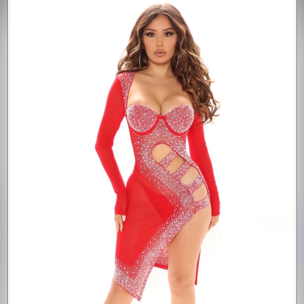 Red Rhinestone Cutout Dress - Picture 6 of 6